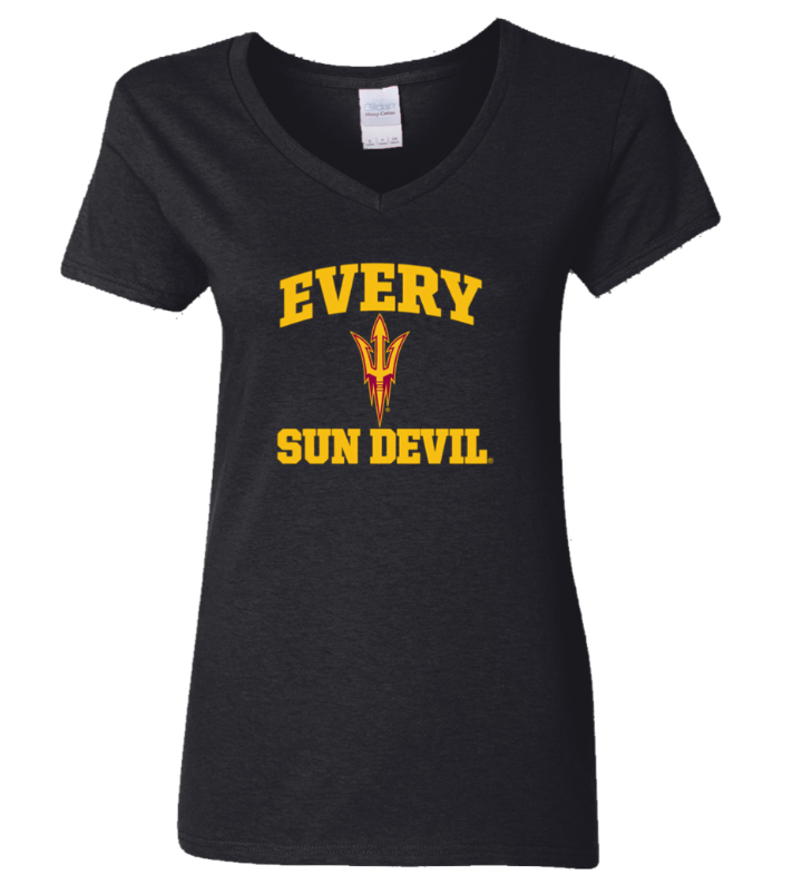 Black V-neck T-shirt with gold “EVERY SUN DEVIL” text and Arizona State Sun Devils logo