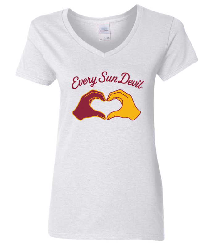 White T-shirt with “Every Sun Devil” text and two hands forming a heart in maroon and gold