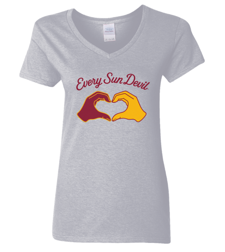 Light gray V-neck T-shirt with “Every Sun Devil” text and two hands forming a heart in maroon and gold.
