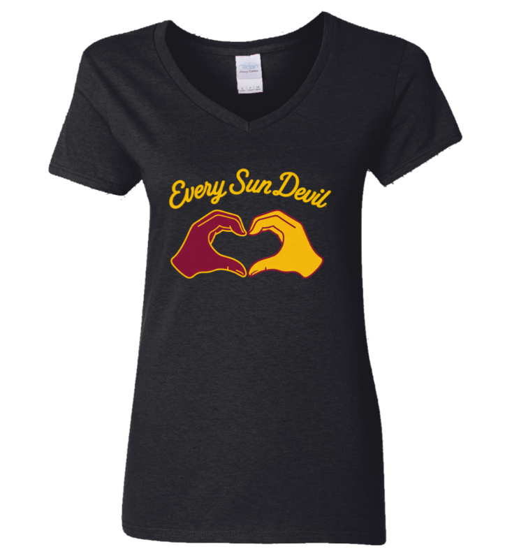 Black V-neck T-shirt with yellow “EverySunDevil” text and two hands forming a heart