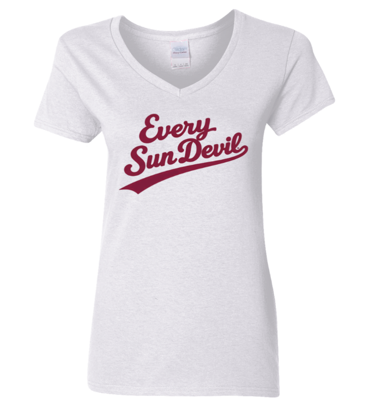 White V-neck T-shirt with maroon “Every Sun Devil” logo printed on the front