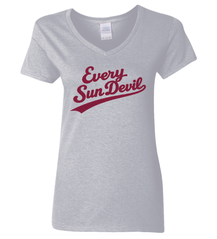 Light gray V-neck T-shirt with “Every Sun Devils” in red script across the chest