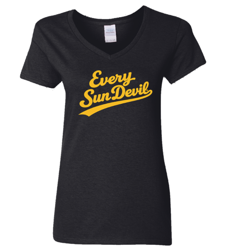 Black V-neck T-shirt with yellow “Every Sun Devil” text on the front