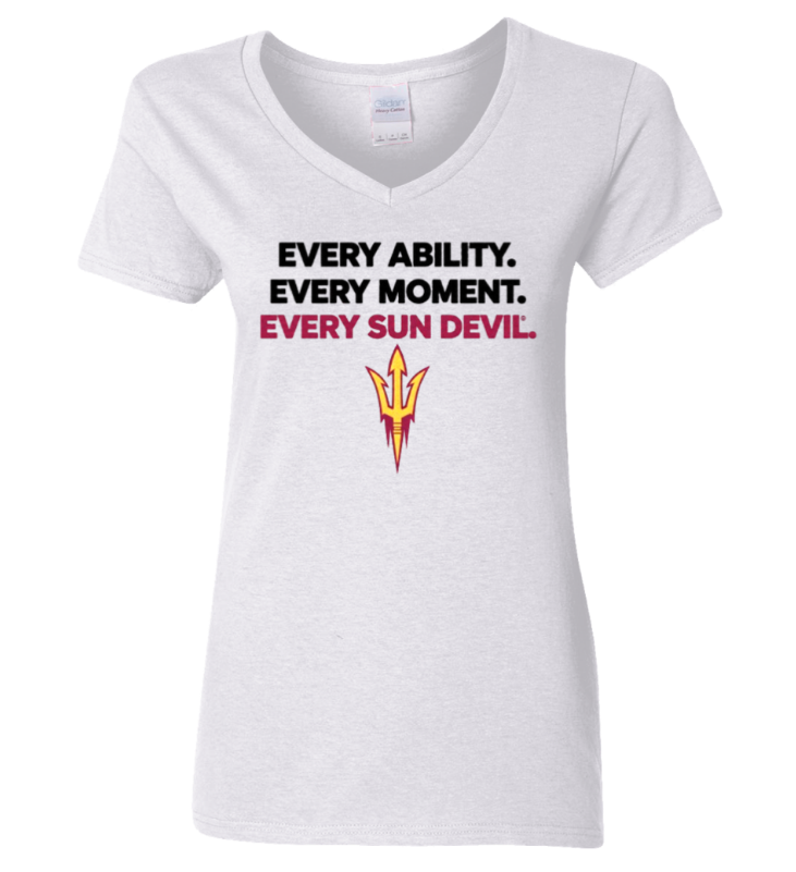 White T-shirt with “EVERY ABILITY. EVERY MOMENT. EVERY SON DEVIL.” text and Arizona State trident logo