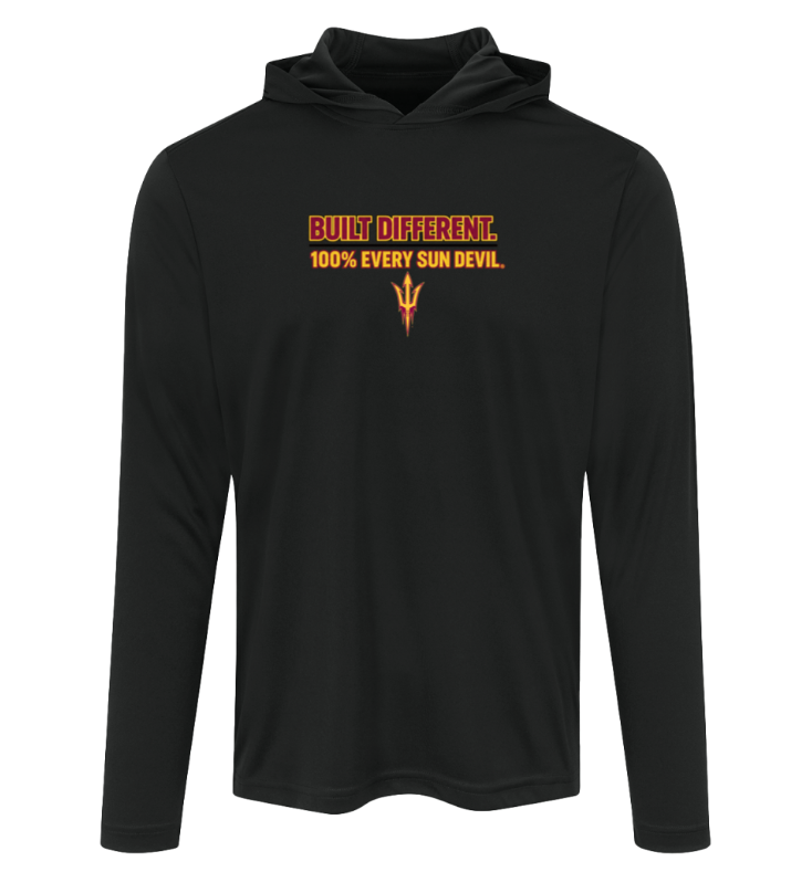Black hooded long-sleeve shirt with orange text reading “BUT DIFFERENT. 100% EVIL DEVIL.”