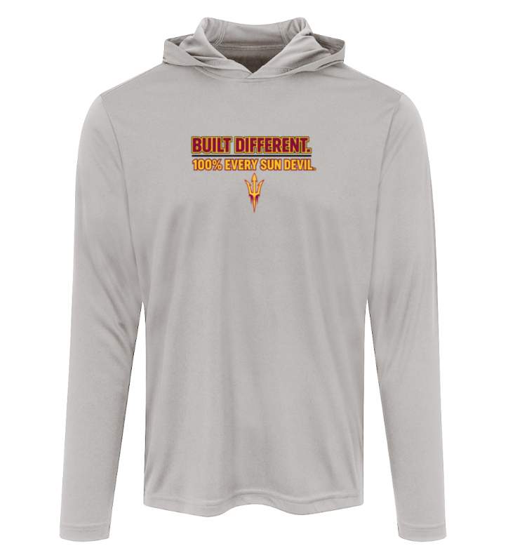 Light gray hooded long-sleeve shirt with a small orange and yellow logo on the chest.