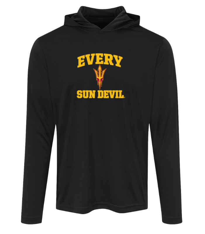 Black hooded long-sleeve shirt with yellow “EVERY SUN DEVIL” text and pitchfork logo on the chest