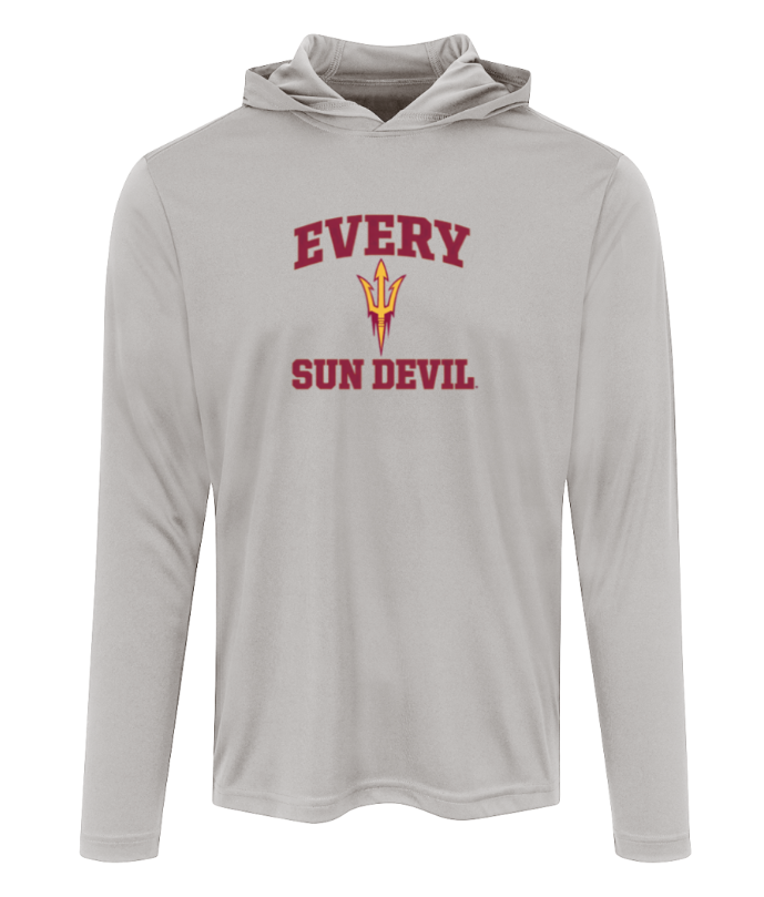 Light gray hooded long-sleeve shirt with red “EVERY SUN DEVIL” text and a pitchfork logo