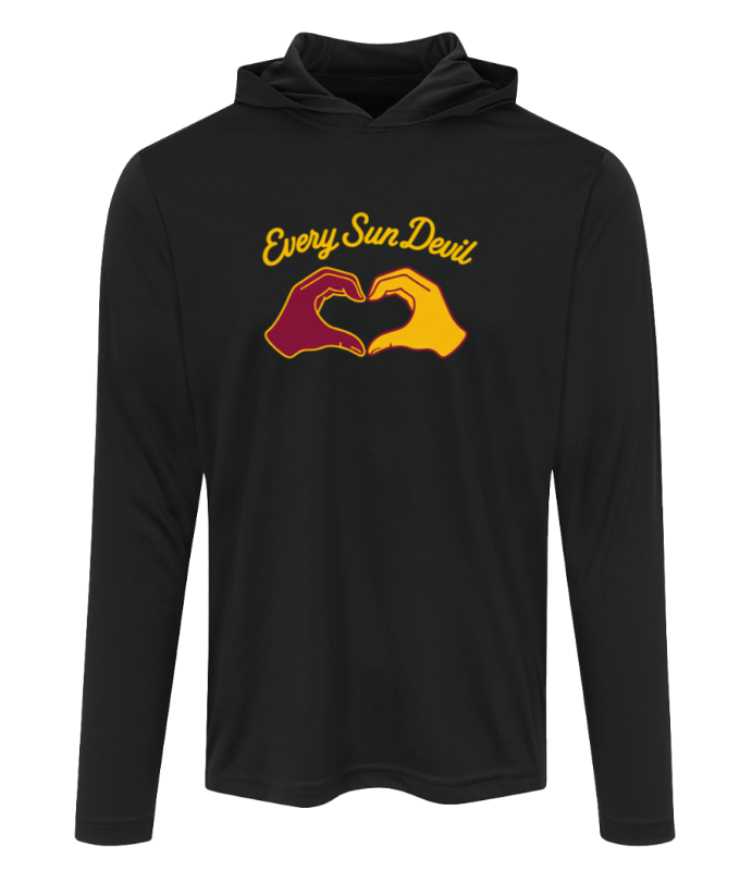 Black hooded sweatshirt with “Every Sun Down” text and red-yellow hands forming a heart