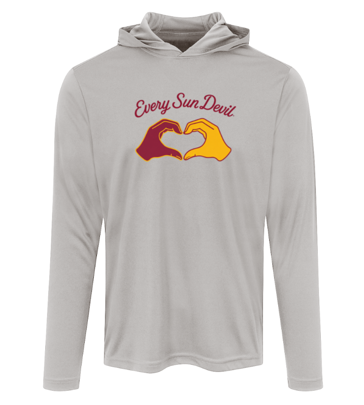 Light gray hooded long-sleeve shirt with red and yellow hand-heart graphic and text on chest