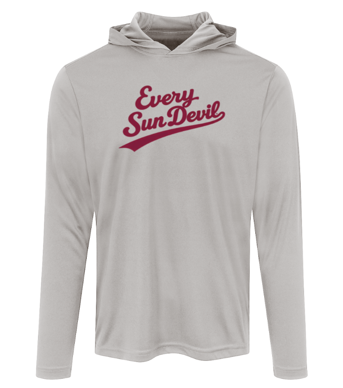 Light gray hooded long-sleeve shirt with maroon "Every Sun Devil" text