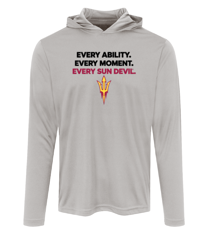 Light gray hoodie with “EVERY ABILITY. EVERY MOMENT. EVERY SUN DEVIL.” text and a Sun Devil trident logo