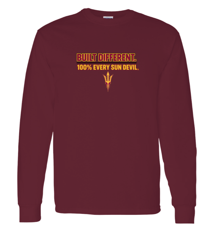 Maroon long-sleeve shirt with “BUZZ DIFFERENT” and “100% EVERY SUN DEVIL” text on the chest