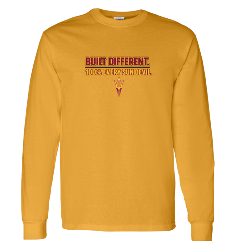 Mustard-yellow long-sleeve shirt with centered “BUILT DIFFERENT” graphic on the chest