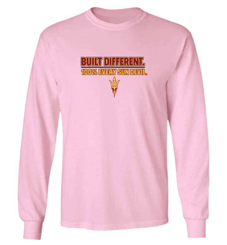 Light pink long-sleeve T-shirt with “BULK DIFFERENT. 100% BETTER ON DEVL.” graphic on the chest