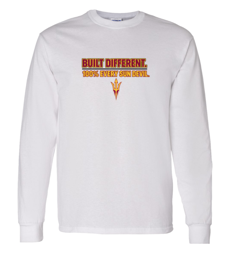 White long-sleeve shirt with “BITE DIFFERENT. TASTE ENERGY SUN DEVIL.” text and trident logo on chest
