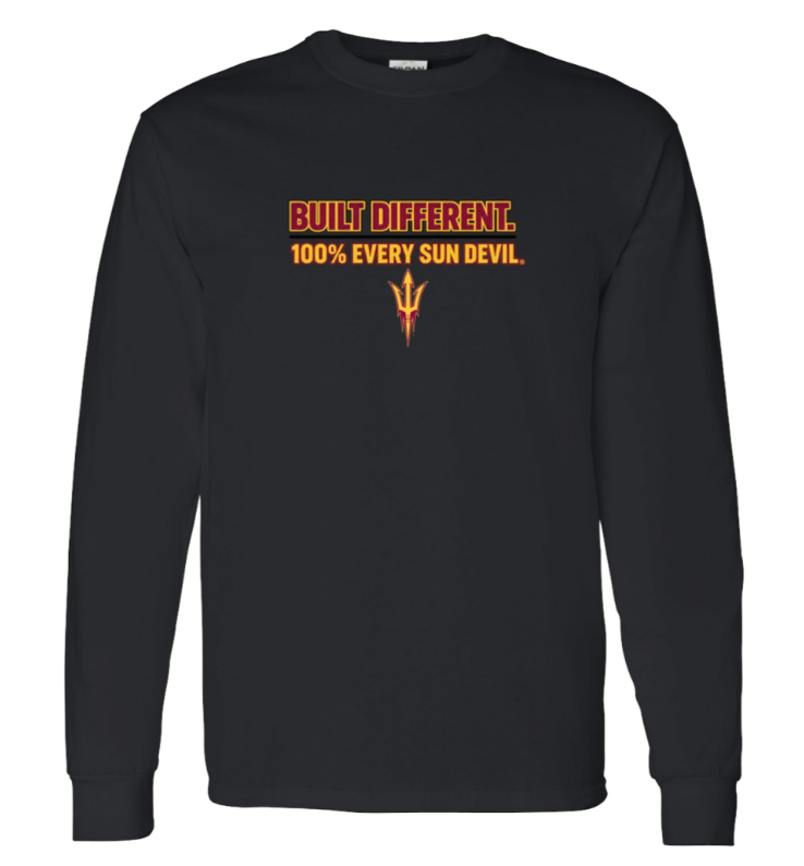 Black long-sleeve shirt with orange text reading “BUT DIFFERENT, 100% EVERY SUN DEVIL.”