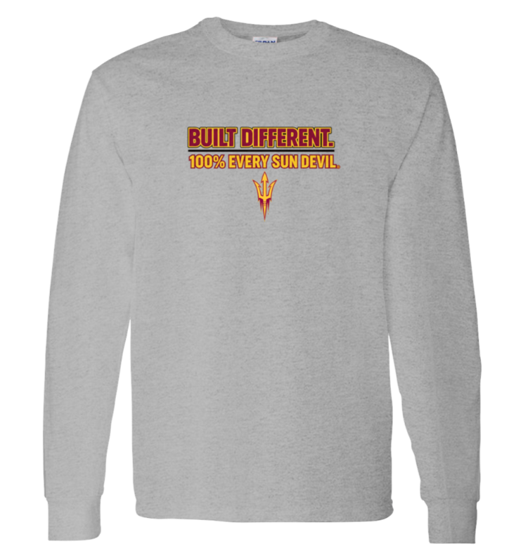 Gray long-sleeve shirt with orange and black “BUILT DIFFERENT” graphic text on the chest