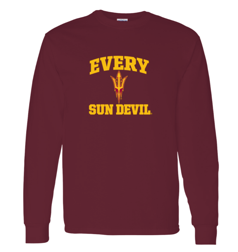 Maroon long-sleeve shirt with gold “EVERY SUN DEVIL” text and pitchfork logo centered on the chest