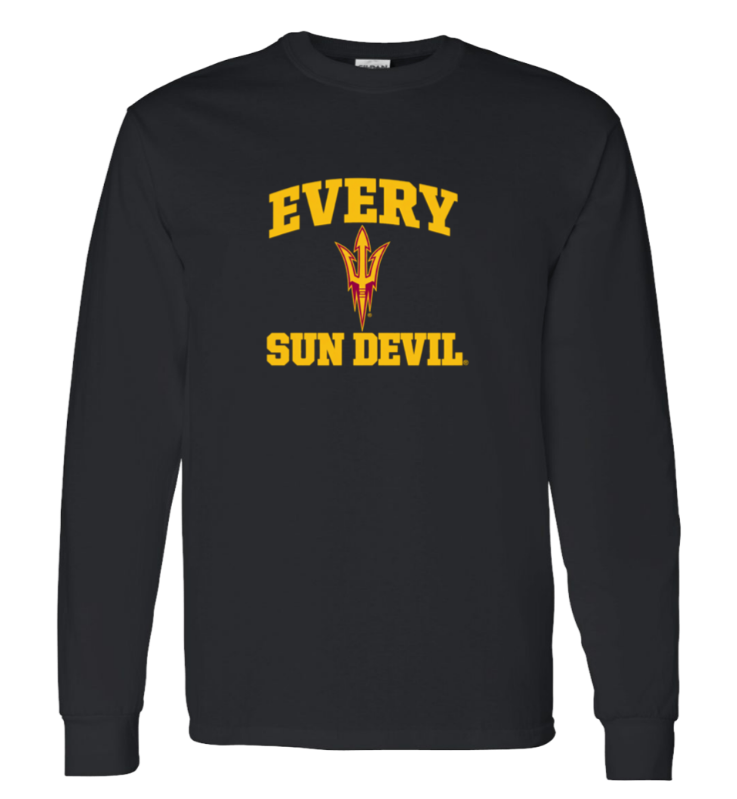 Black long-sleeve shirt with yellow "EVERY SUN DEVIL" text and a pitchfork logo on the chest