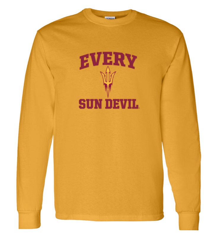 Gold long-sleeve shirt with maroon "EVERY SUN DEVIL" text and pitchfork logo centered on the chest