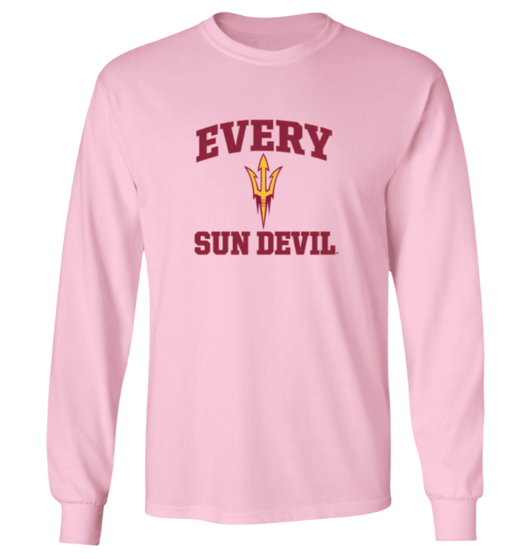 Pink long-sleeve shirt with “EVERY SUN DEVIL” text and a pitchfork logo on the chest.