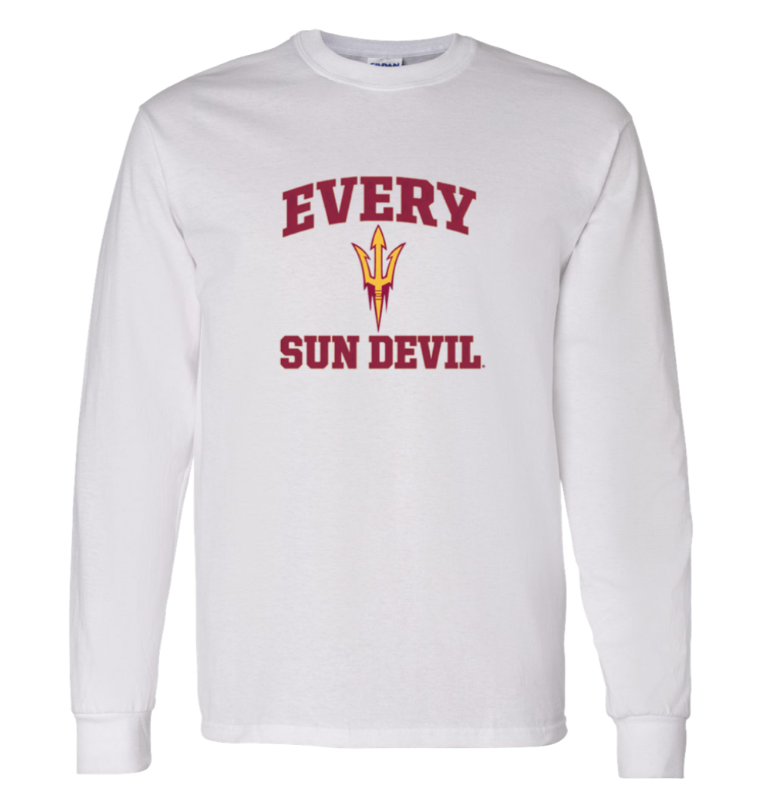 White long-sleeve shirt with maroon “EVERY SUN DEVIL” text and Arizona State pitchfork logo on the chest