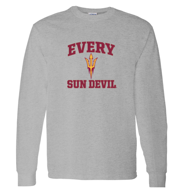 Gray long-sleeve shirt with maroon "EVERY SUN DEVIL" text and pitchfork logo on the chest