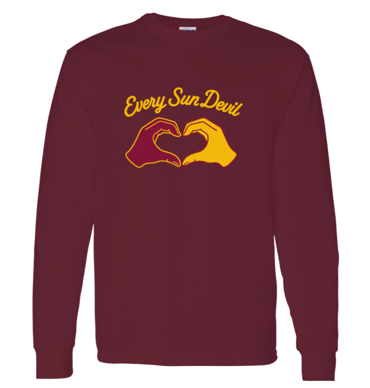 Maroon long-sleeve shirt with yellow hand graphic and “Every Sun Devil” text