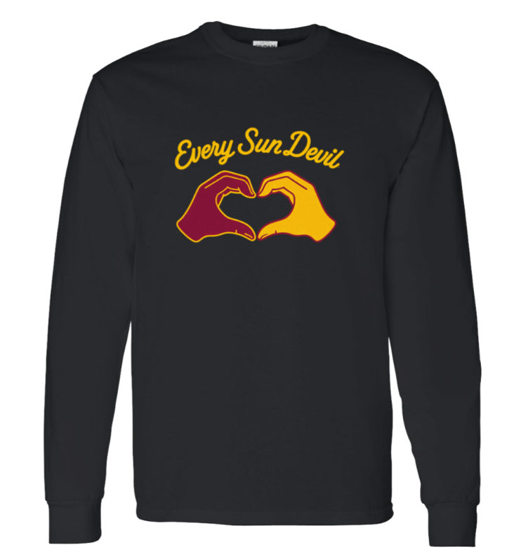 Black long-sleeve shirt with “Every Sin Devil” text and two hands forming a heart in red, yellow, and gold