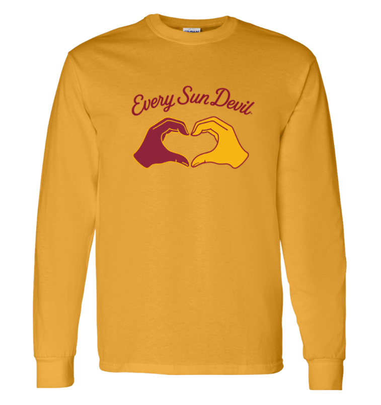 Mustard yellow long-sleeve shirt with maroon “Every Sun Devil” text and heart-shaped hand graphic on the chest