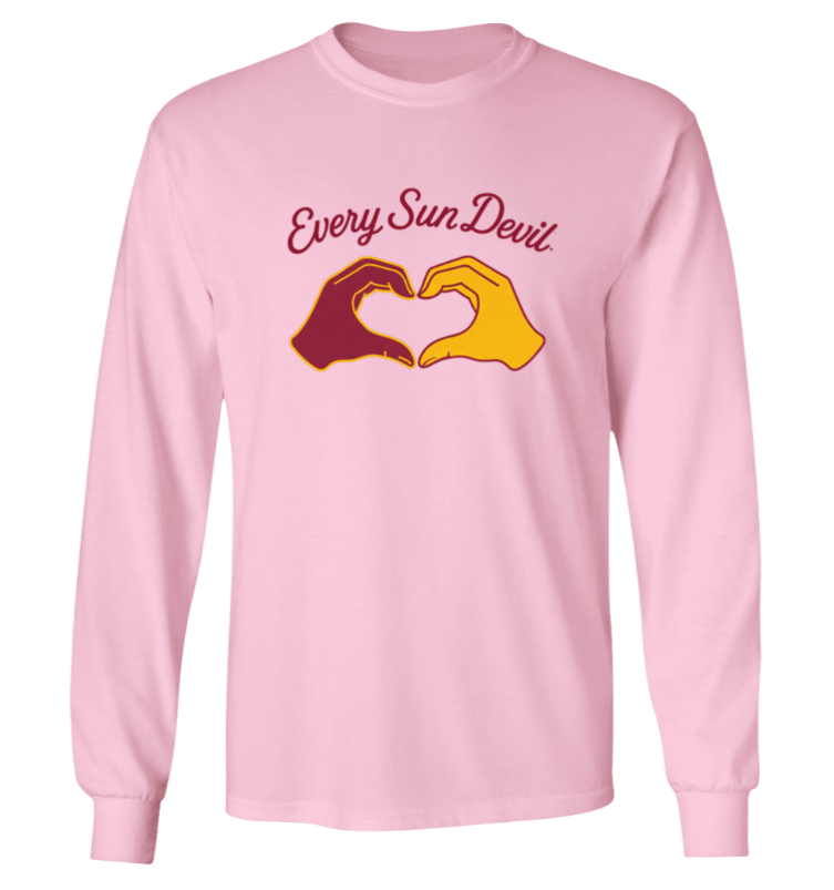 Pink long-sleeve shirt with “Every Sun Devil” text and a maroon-and-gold heart graphic on the chest