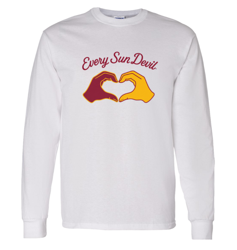 White long-sleeve shirt with “Every Sun Devil” text and a maroon-and-gold hand-heart graphic