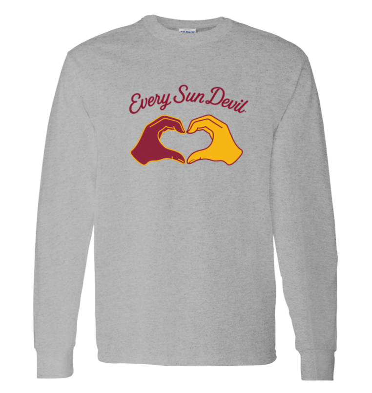Gray long-sleeve shirt with “Every Sun Devil” text and two hands forming a heart in maroon and gold.