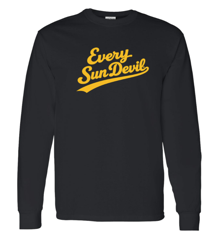 Black long-sleeve shirt with yellow “Every Sun Devil” text and a sun graphic.