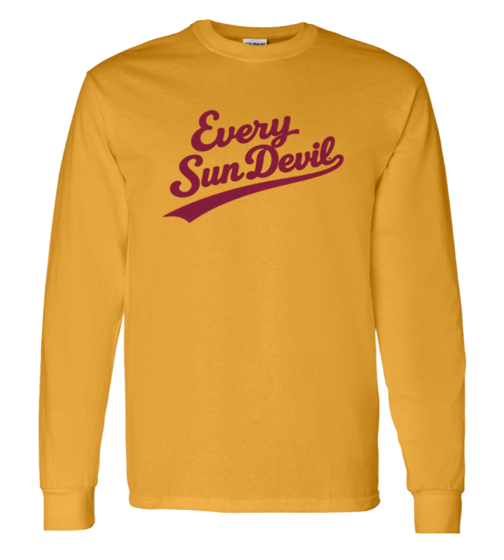 Mustard long-sleeve shirt with maroon “Every Sun Devil” text on the chest