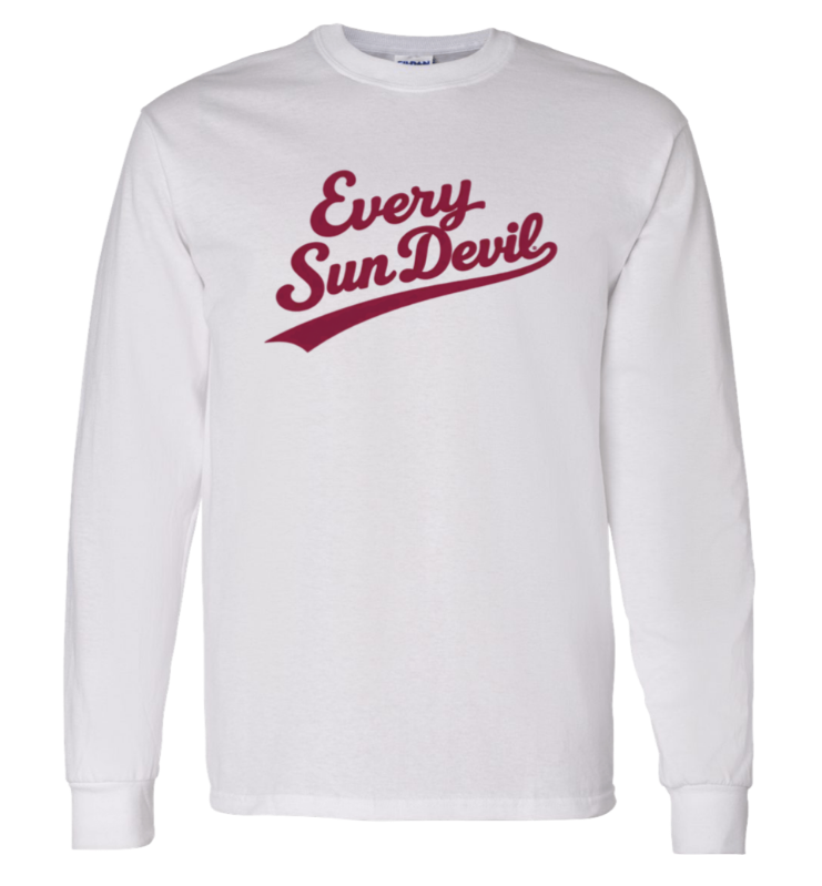 White long-sleeve shirt with red “Every Sun Devil” text on the chest