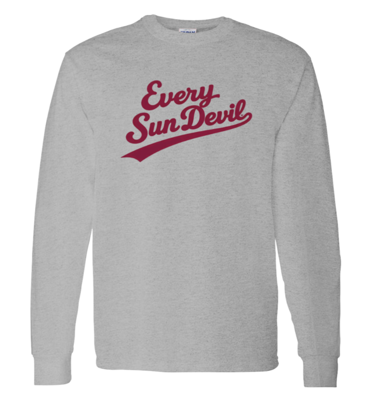 Gray long-sleeve shirt with maroon "Every Sun Devil" text on the chest