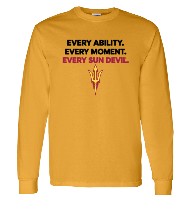 Gold long-sleeve shirt with ASU Sun Devils text and pitchfork logo on the chest