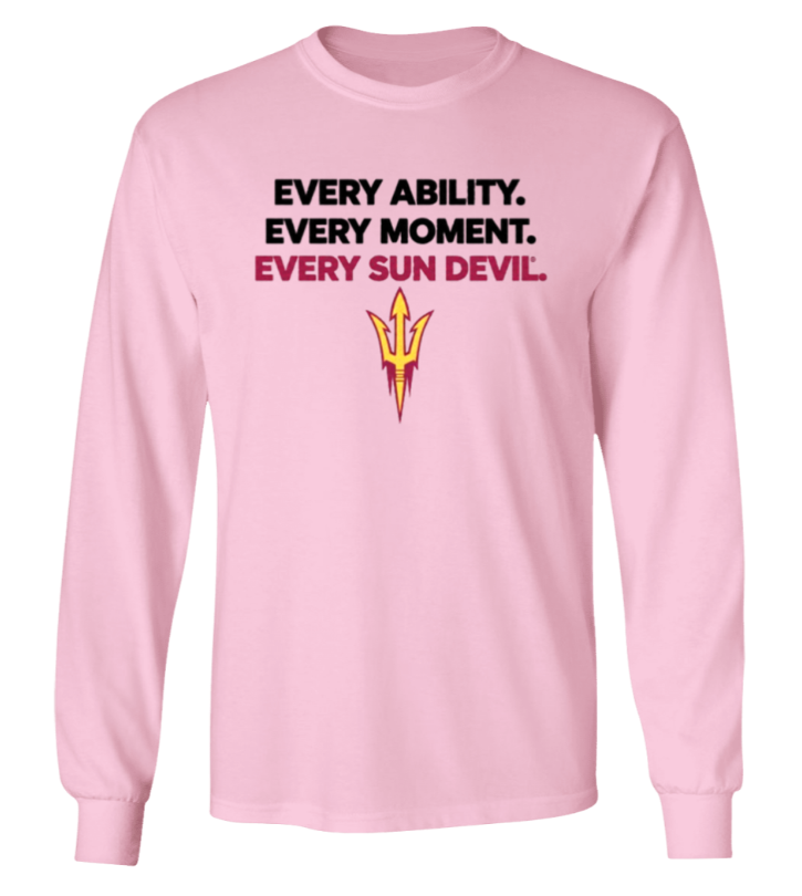 Pink long-sleeve shirt with text “EVERY ABILITY. EVERY MOMENT. EVERY SEN. DEVIL.” and a trident logo