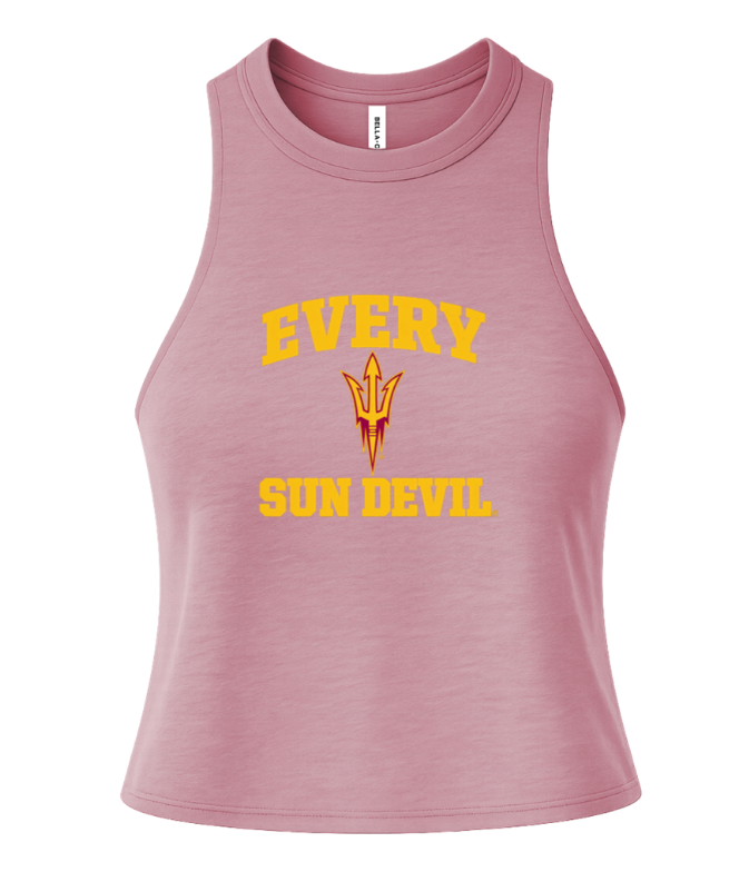 Pink sleeveless tank top with “EVERY SUN DEVIL” text and a pitchfork logo in yellow and maroon