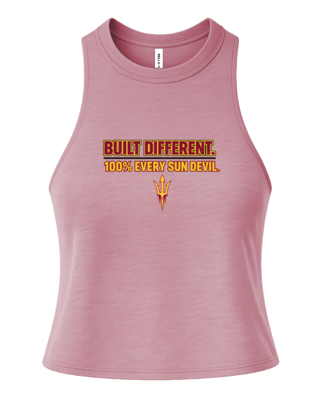 Pink sleeveless crop top with “Built Different. 100% Every Sun Devil.” text and small devil logo