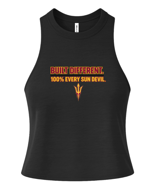 Black sleeveless tank top with orange text reading “BUILT DIFFERENT 100% EVERY SUN DEVIL.”