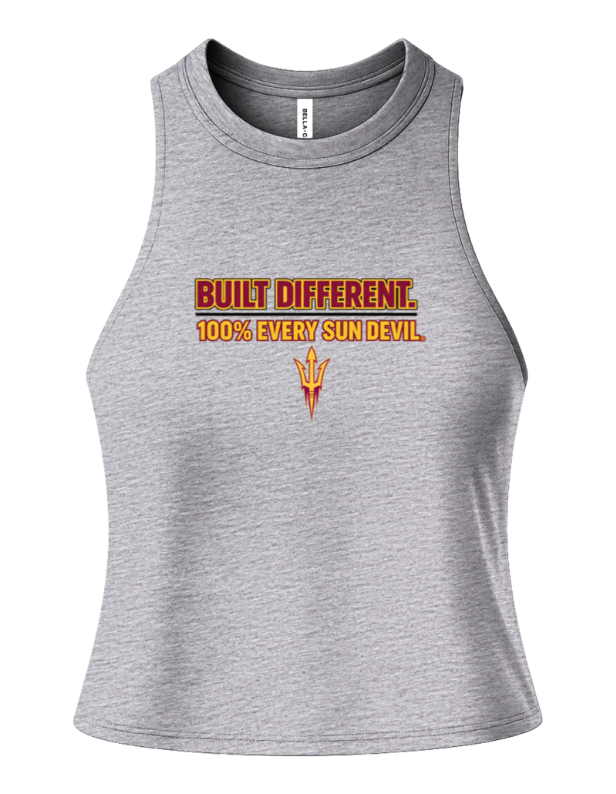 Gray racerback tank top with orange "BUILT DIFFERENT" graphic and small sun devil emblem
