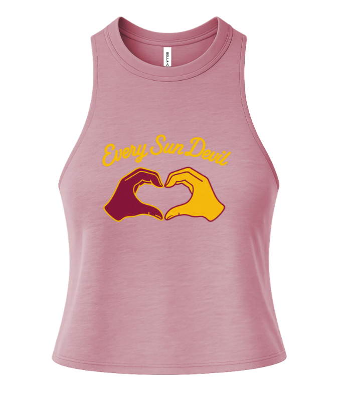 Pink tank top with yellow “Enjoy Sun Days” text and heart-shaped hand graphic on the front