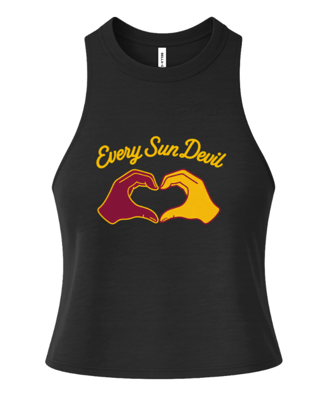 Black tank top with “Every Sun Devil” text and maroon-and-gold hand heart graphic