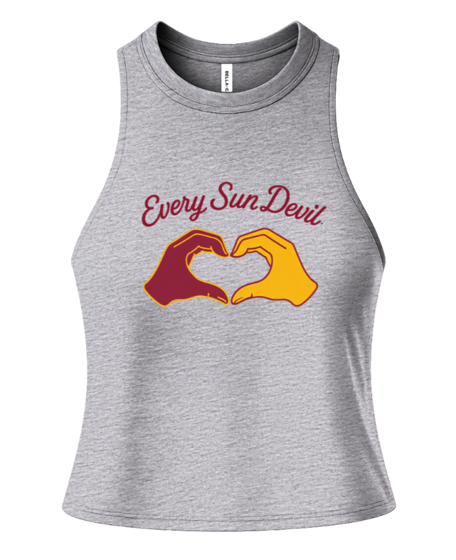 Gray tank top with maroon and yellow heart-hands graphic and “Every. Sun. Devil.” text
