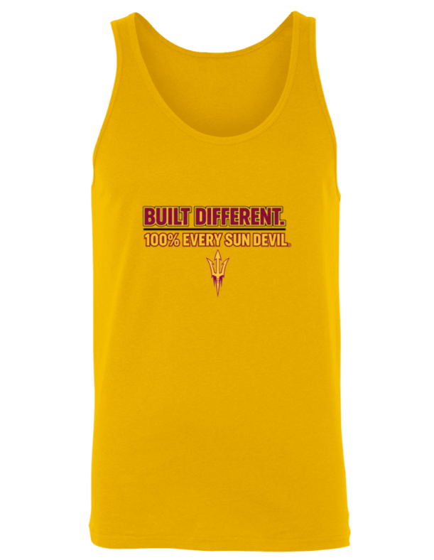 Yellow tank top with red slogan: "Built Different. Toothed every single..."