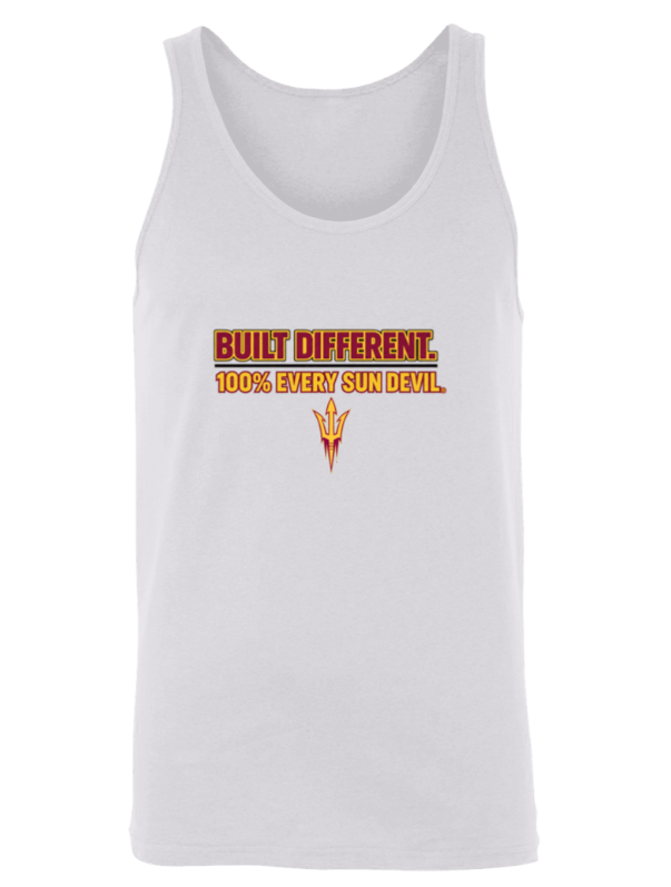 White tank top with orange “BUILT DIFFERENT” text on the chest