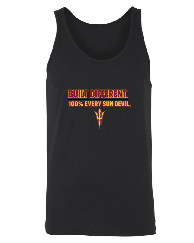 Black tank top with orange text reading “BUILT DIFFERENT 100% EVERY SINCE” and a small orange logo